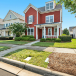 Exterior of a red home in a neighborhood