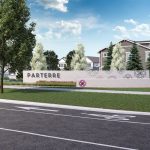 Rendering of Parterre monument sign with people walking