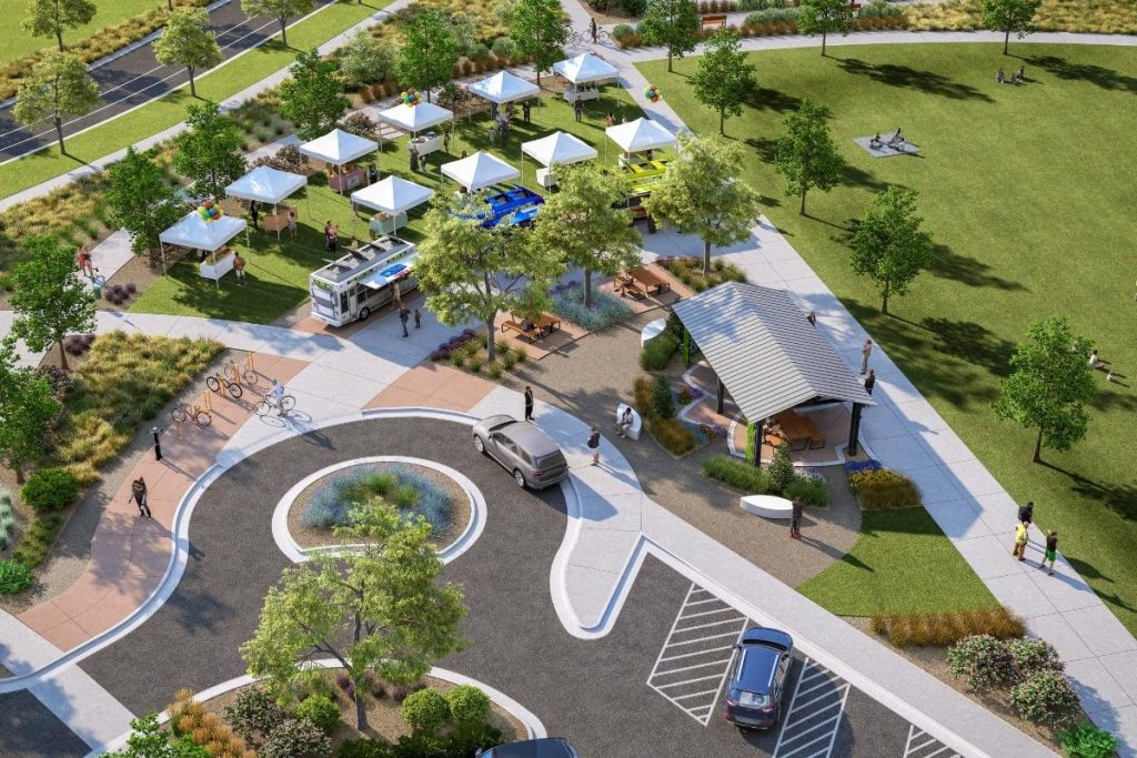 aerial view of the parterre community park with tables and umbrellas
